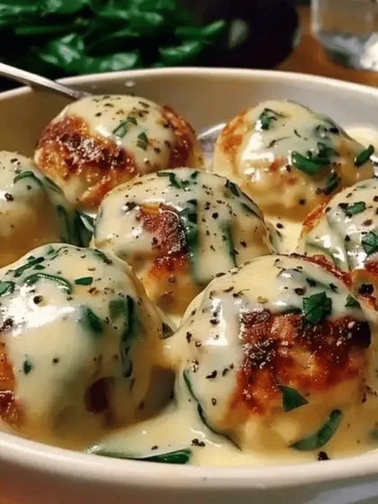 Chicken Ricotta Meatballs with Spinach Alfredo Sauce