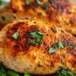 Juicy baked chicken breast sliced open with seasoning.