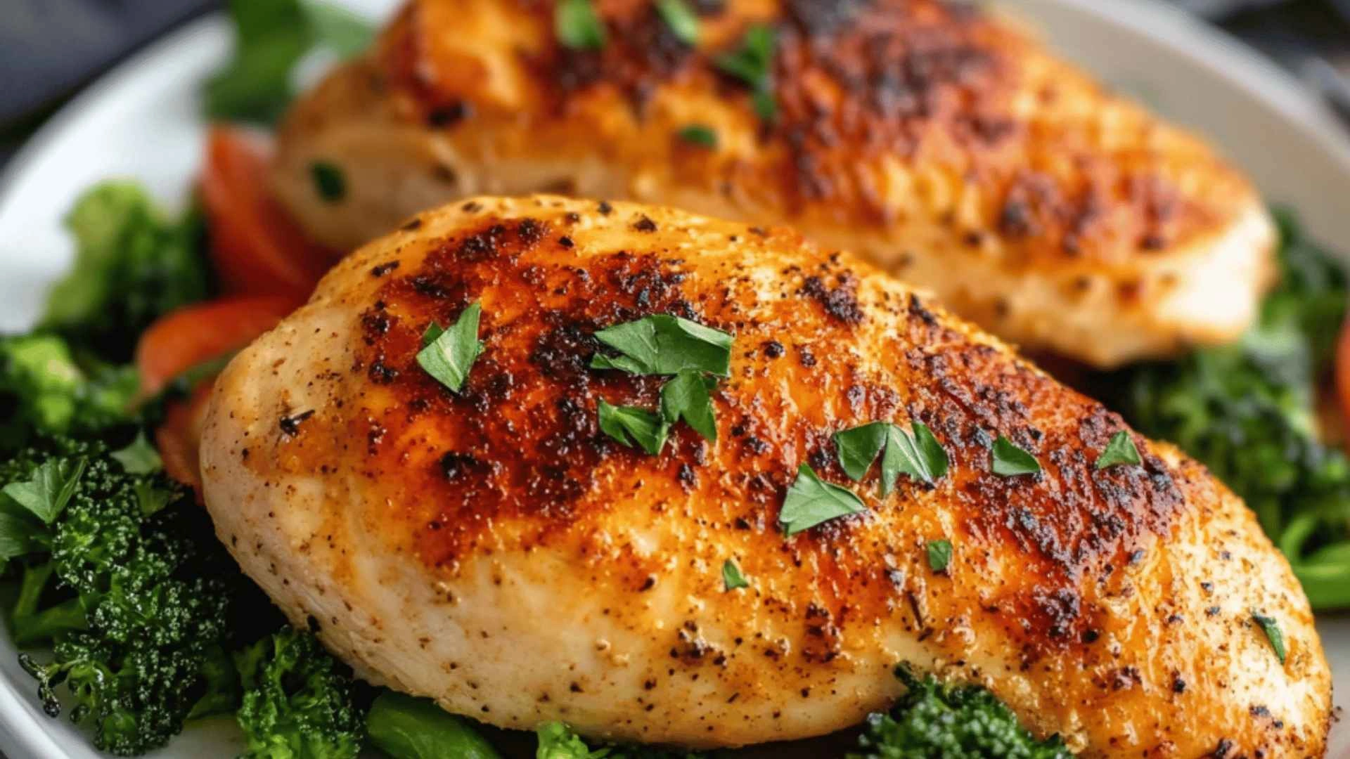 Juicy baked chicken breast sliced open with seasoning.